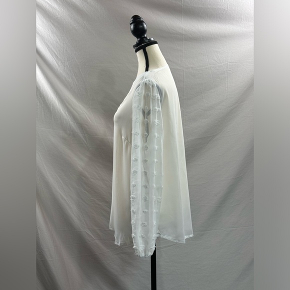 White Chiffon Swiss Dot Lantern Sleeve V-Neck Shirt - Picture 8 of 8